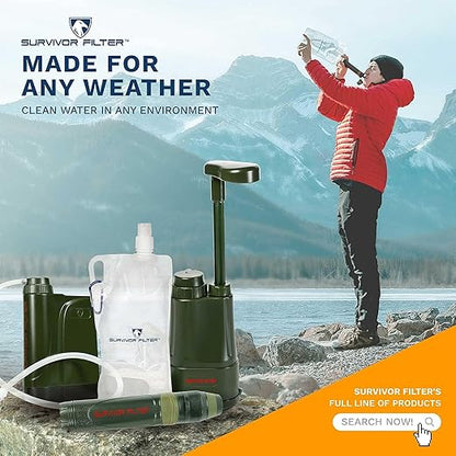 Survivor Filter Squeeze Kit – Emergency Water Straw with 2 Collapsible 33.8 fl oz Bottles – USA-Tested – 0.05 Micron Filtration – Portable Outdoor Water Filter for Camping & Hiking – No Expiration