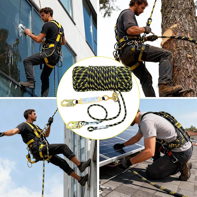 100FT Vertical Lifeline Assembly, Heavy Duty Fall Protection Safety Rope with Rope Grab, Steel Snap Hooks & Shock Absorber, Tree Climbing High-Altitude Safety Line Kit, ANSI CE