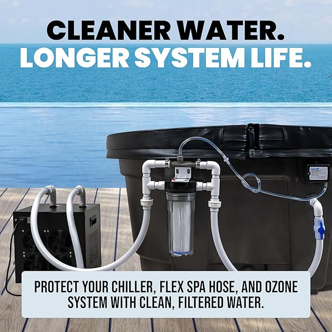Cold Plunge Water Filter System, 10" Housing with 3/4" NPT Ports, 1×50 Micron Pleated Filters, Mounting Kit & Wrench, Inline Sediment Filtration for Ice Baths, Whole House, Pool or Spa Use