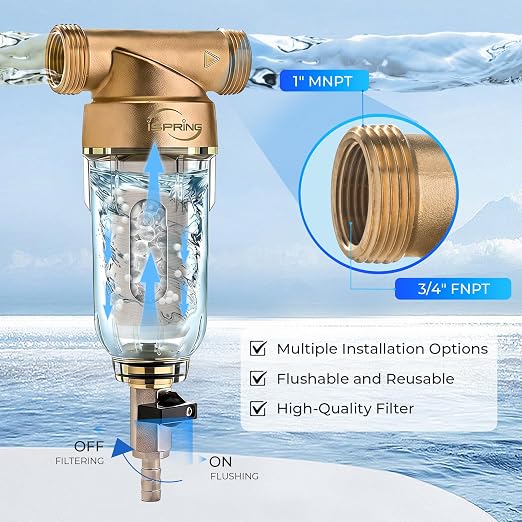 iSpring WSP-50SLS Spin Down Sediment Filter & Water Scale Inhibitor, Whole House Scale & Corrosion Prevention Prefilter, Mesh-Cleaning Scraper-Beads, Flushable Well Water Sediment Buster, 50 Microns