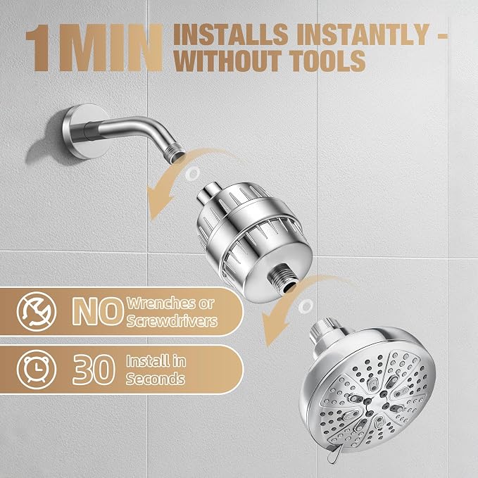 25-Stage Hard Water Shower Filter with Enhanced KDF55,High Output Filtered Shower Head with 3 Replacement Cartridges,Removes Chlorine,Fluoride & Sediment,Universal Polished Chrome Bathroom Showerhead | Built-in grease drip tray Anti-slip bottom design ...