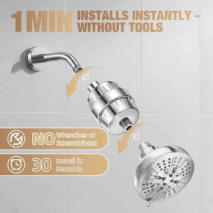 25-Stage Hard Water Shower Filter with Enhanced KDF55,High Output Filtered Shower Head with 3 Replacement Cartridges,Removes Chlorine,Fluoride & Sediment,Universal Polished Chrome Bathroom Showerhead | Built-in grease drip tray Anti-slip bottom design ...