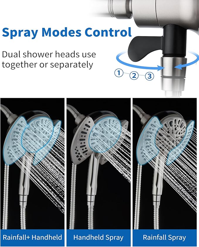 INAVAMZ 2-in-1 Shower Head with Handheld Combo: Rainfall Shower Head & Detachable Shower Head Use Together or Alone, 9 Spray Settings Showerhead with Hose Nickel, Shower Trim Systems