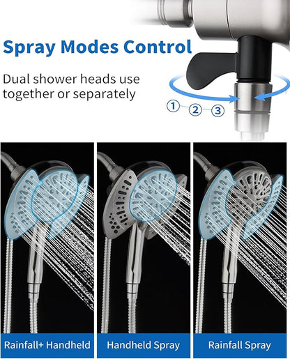 INAVAMZ 2-in-1 Shower Head with Handheld Combo: 2.5GPM Rainfall Shower Head & Detachable Shower Head Use Together or Alone, 9 Spray Settings Hand Held Showerhead with Hose, Nickel