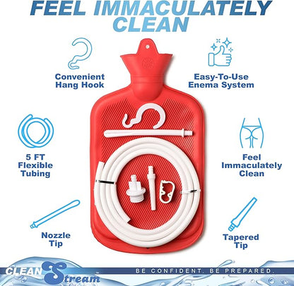 Cleanstream Water Bottle Douche Kit with Enema Tip, Vaginal Tip, 2 Quart Rubber Bottle, 5 Foot Tubing, Shut-Off Clamp, Adapter, Stopper and Hanging Hook for Personal Cleansing