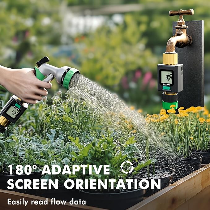 RESTMO Smart Water Flow Meter with Screen Backlight, 2.4GHz WiFi Connection | Brass Inlet & Outlet, Measuring Gallon/Liter Consumption & Flow Rate for Garden Watering, RV Filling, Sprinklers & Nozzle