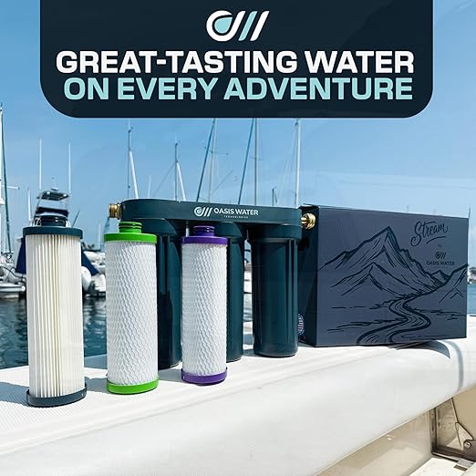 Stream RV Water Filter - Oasis Water Technologies Boat RV Filtration System - 3-Stage Camper Filtration for Iron, Heavy Metals, Sediment – Easy-to-Install Compact Filters for Boats, RVs - Made in USA