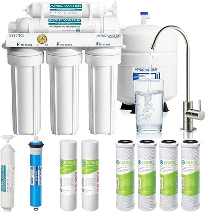 APEC Water Systems ROES-50 Essence Series Top Tier 5-Stage WQA Certified Ultra Safe Reverse Osmosis Drinking Water Filter System with Extra High Capacity Pre-Filter Set Stage 1-3