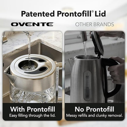 OVENTE Electric Kettle, 1.8L Tea Kettle Cordless with Borosilicate Glass Water Boiler, Stainless Steel Base, Acrylic Handle, 1500W Fast Boil Electric Kettle, Easy Fill Lid, Auto Shutoff, Silver KG911S