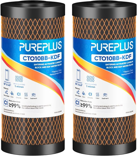 PUREPLUS 1 Micron 10" x 4.5" Whole House Coconut Shell Activated Carbon and KDF Water Filter, Heavy Metal Removal Replacement Water Filter, Compatible with GXWH40L, GXWH35F, BB10, CTO10BB-KDF, 2 PACK