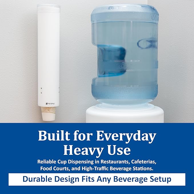 San Jamar Medium Pull-Type Cup Dispenser 4-10 Oz. Cups with Flip Cap for Restaurants, Dining Halls, and Fast Food Plastic, 16 Inches, White
