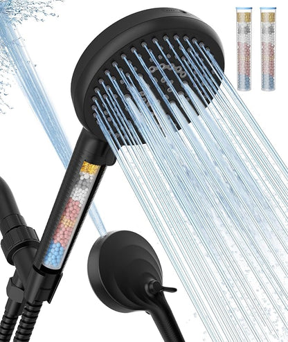 Filtered Shower Head with Handheld, 10 Spray Mode High Pressure Shower Head with Filters, Shower Filter Head for Hard Water, Powerful Spray for Cleaning, 2 Replaceable Filters Included, Black