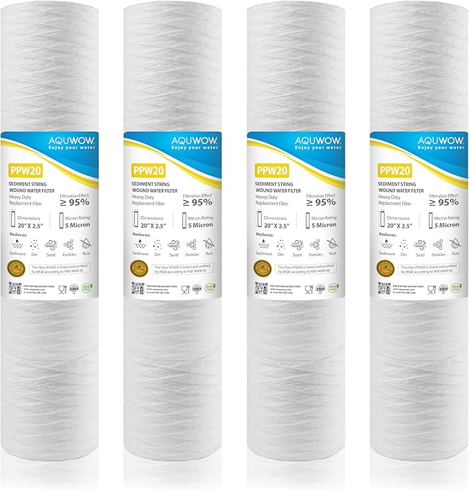PPW20 5 Micron 2.5" x 20" String Wound Sediment Filter Set – Replacement Cartridges for Whole House & Under Sink Systems, Durable Depth Filtration (4, 20 x 2.5)