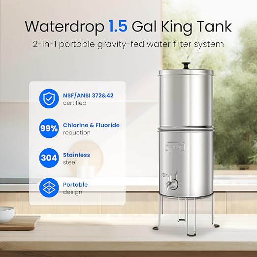Waterdrop TK15-A-FS Gravity Water Filter System, NSF/ANSI 42&372 Certified | Reduce Chlorine, Stainless-Steel Water System with 4 Filters, Metal Spigot and Stand for Home, Travel, Emergencies, 1.5G