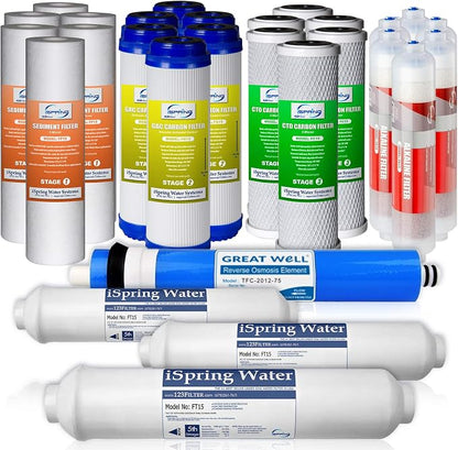 iSpring RCC7AK Under Sink Reverse Osmosis Drinking Water Filter System, White & F28K75 3-Year Replacement Supply Set for 6-Stage Reverse Osmosis RO Water Filtration Systems, 28 Piece, White