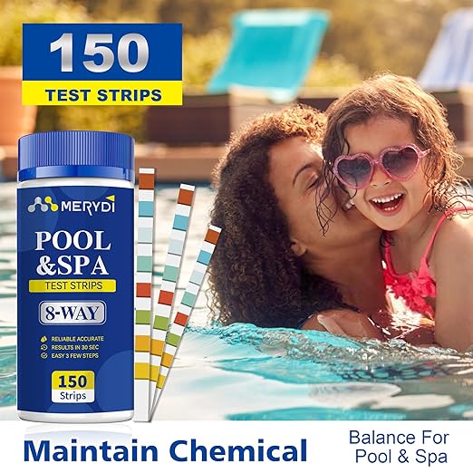 8-Way Pool Salt Test Strips,150 Strips Pool and Hot Tub Test Strips,Accurate Test Salt Bromine,Total Alkalinity,pH,Free Chlorine,Total Hardness, etc Pool Test Strips for Salt Water Testing Kit