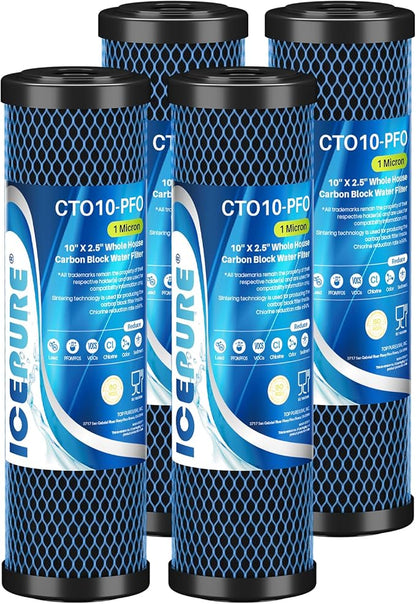 ICEPURE 1 Micron 10" x 2.5" Whole House PFOA/PFOS Carbon Water Filter Cartridge Replacement for DuPont WFPFC8002, WFPFC9001, SCWH-5, WHCF-WHWC, FXWTC, CBC-10, RO Unit, Pack of 4