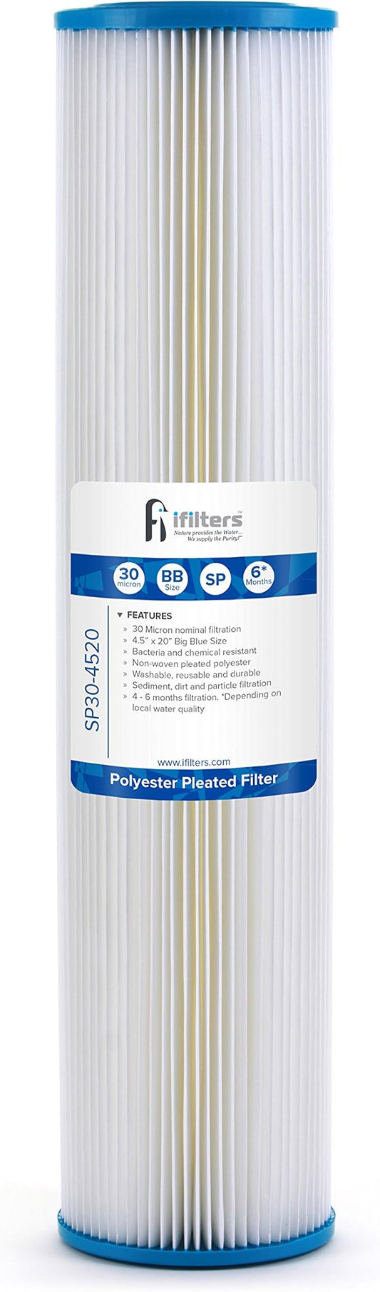 Sediment Pleated Water Filter City or Well Water, Washable 4.5" x 20", 30 Micron
