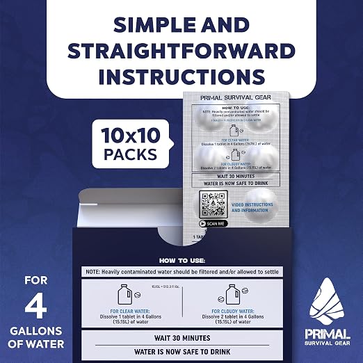 Water Purification Tablets- Water Purifier Tablets for Emergency Water - Hiking, Camping, Survival, Emergency – Drinking Water Filtration System Survival Tabs - Purificador De Agua - 100 Tablets - 4G
