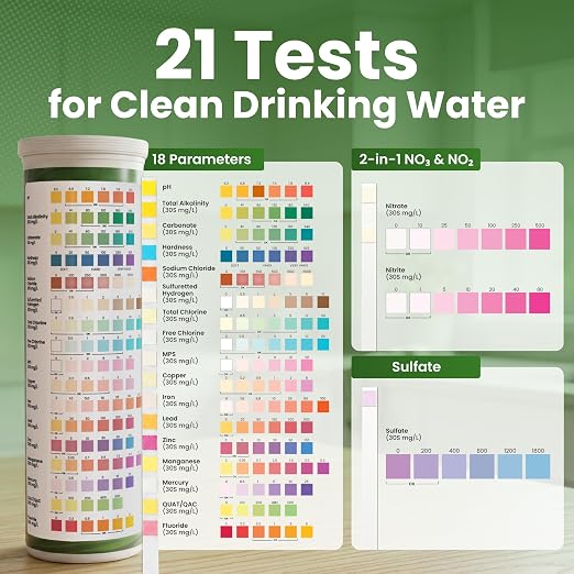 21-in-1 Drinking Water Test Kit – 120 Strips + 2 Bacteria Tests – Easy DIY Testing for Tap, Well & Spring Water – Tests Lead, Fluoride, Iron, Hardness, pH, Chlorine, Copper, Bacteria & More
