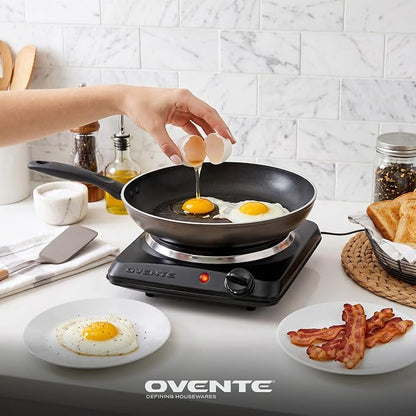 OVENTE Electric Cast Iron Single Burner, 1000W Hot Plate, Black BGS101B | 7.25" Portable Countertop Cooktop, Metal Housing, 5 Level Temperature Control, Compact Cooking Stove, Easy to Clean