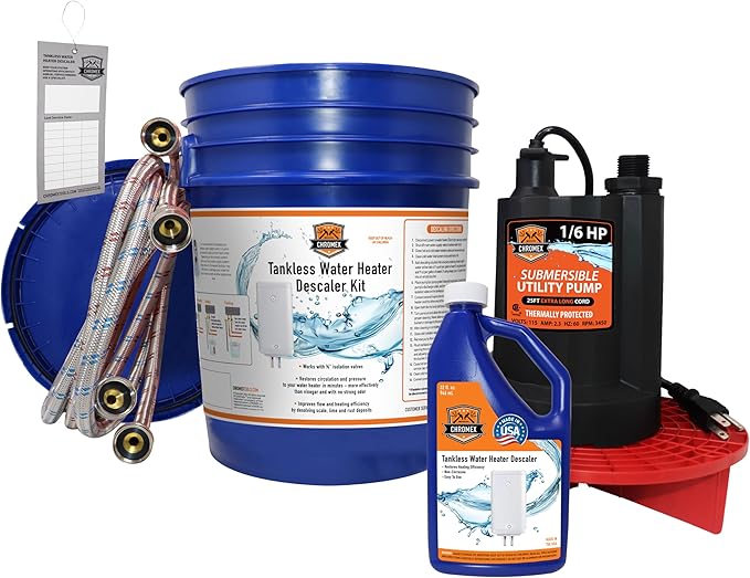 Chromex Tankless Water Heater Flush Kit, Extra Long 12 Ft Hoses with Certified Liquid Descaling Solution and 1/6HP Extra Strength Pump