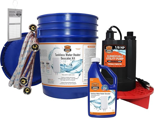 Chromex Tankless Water Heater Flush Kit, Extra Long 12 Ft Hoses with Certified Liquid Descaling Solution and 1/6HP Extra Strength Pump