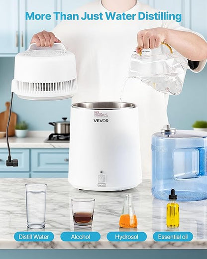 VEVOR Water Distiller, 6L/1.6 Gallon Large Distilled Machine, 900W Distilling Water Maker, 304 Stainless Steel Interior Stiller with Plastic Container, Countertop Distiller for Home, White