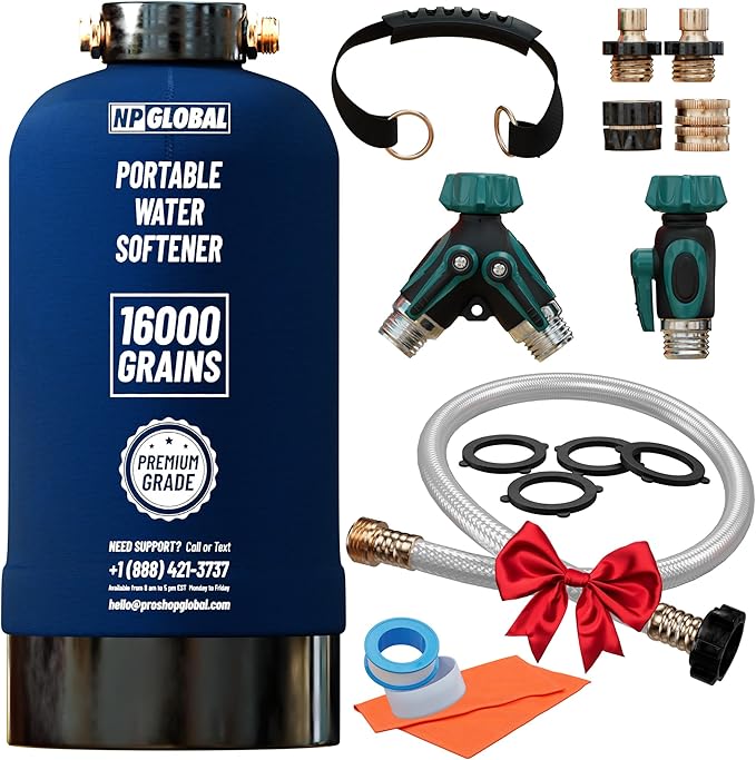 RV Water Softener Portable - 16,000 Grain, 3/4" GHT Fittings, Convenient Water Softener for RVs, Trailers, Boats, Mobile Car Washing, Pressure Washing