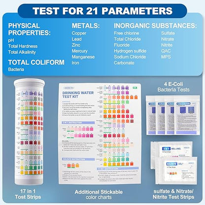 21-in-1 Home Drinking Water Testing Kit,145 Strips + 4 Bacteria Tests,Tap and Well Water Test Kit, Easy to Test and Read Home Test Strips for Hardness, Lead, Iron, Fluoride, pH, Copper and More