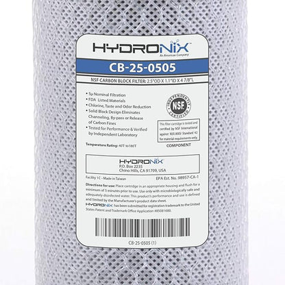 Hydronix CB-25-0505 NSF Coconut Activated Carbon Block Water Filter, 2.5" x 5" - 5 Micron