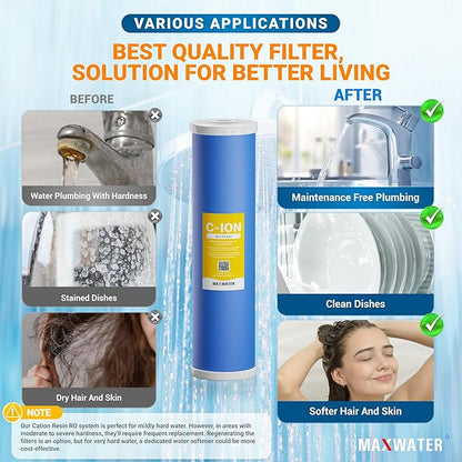 (1 Pack) Calcium, Magnesium TDS Hardness Reduction Water Softening 20" x 4.5" Cation Resin Filter Compatible with 20" BB Whole House Water Filter Systems