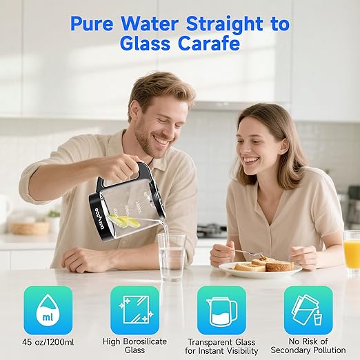 Ecoviva Countertop Reverse Osmosis Water Filter, 6 Stage RO Water Filtration System with 44 oz Glass Carafe, No Installation Water Purifier, 3:1 Pure to Drain, Black