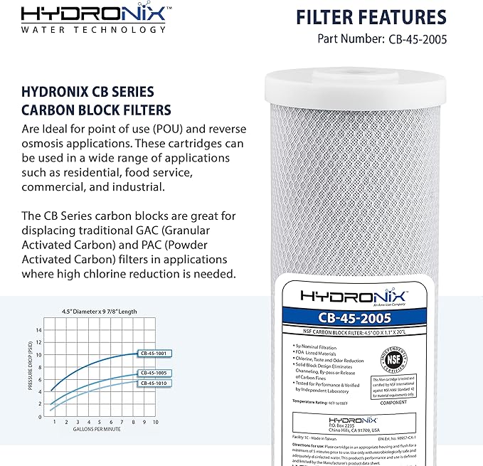 Hydronix CB-45-2005 Whole House, Commercial & Industrial NSF Coconut Carbon Block Water Filter, 4.5" x 20" - 5 Micron