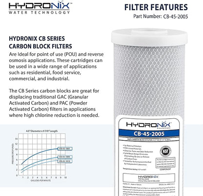 Hydronix CB-45-2005 Whole House, Commercial & Industrial NSF Coconut Carbon Block Water Filter, 4.5" x 20" - 5 Micron