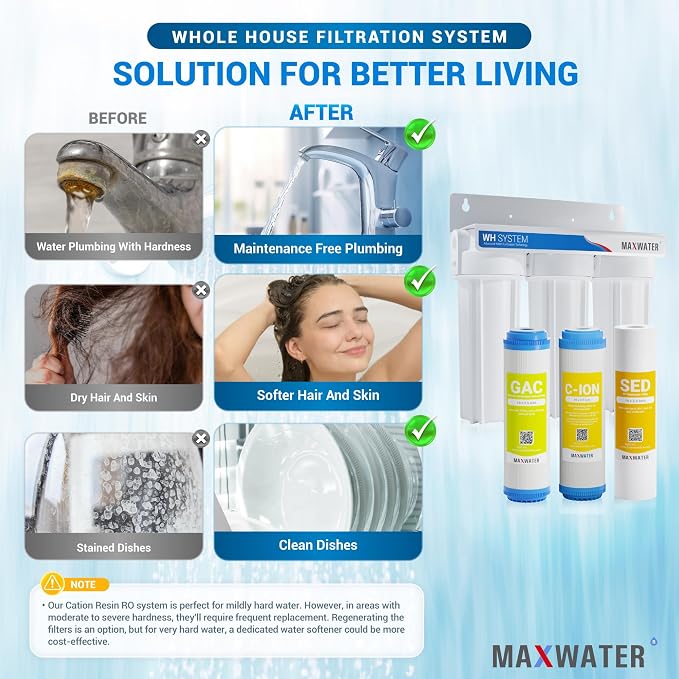 Max Water 3 Stage Water Softening10 inch Standard Water Filtration System for Whole House - Sediment + Cation Resin + GAC - ¾ Inlet/Outlet - Model : WH-SW2