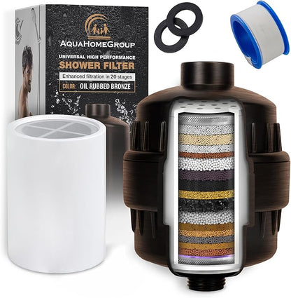 AquaHomeGroup 20 Stage Shower Filter with Vitamin C E and A - Reduces Chlorine, Heavy Metals and Sediment - 2 Cartridges Included - Oil Rubbed Bronze