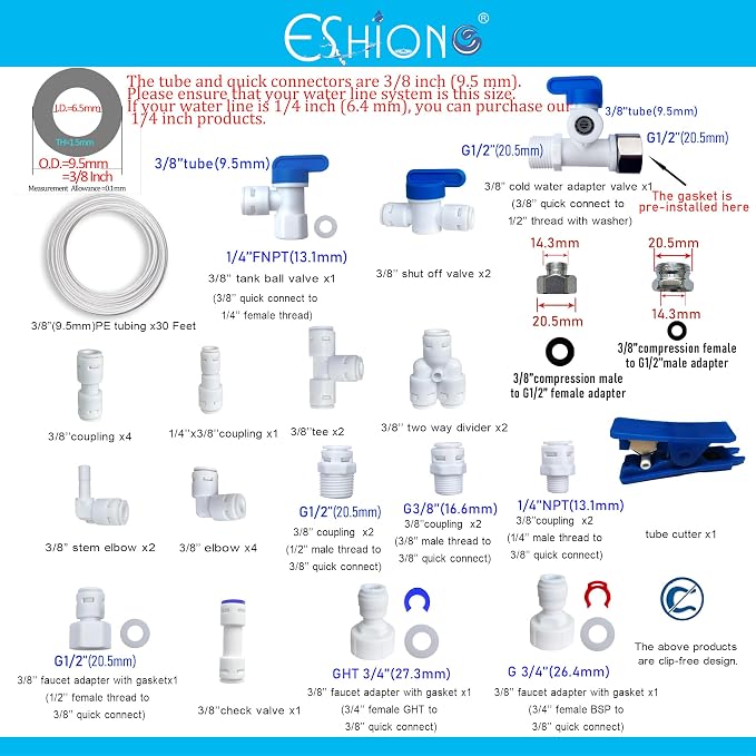 ESHIONG NSF Certified 3/8" O.D. Push to Connect Fittings for RO (Reverse Osmosis) Water Filter 30 pcs+30 feet 3/8" Water tubing.