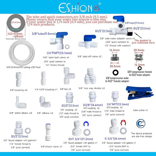 ESHIONG NSF Certified 3/8" O.D. Push to Connect Fittings for RO (Reverse Osmosis) Water Filter 30 pcs+30 feet 3/8" Water tubing.