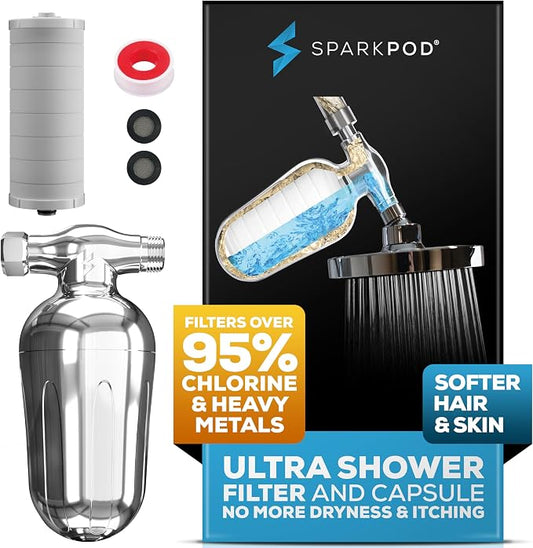SparkPod Ultra Shower Filter - High Output Shower Head Water Filter & Cartridge - 150 Stage Equivalent, Remove Up to 95% of Chlorine & Heavy Metals for Soft Hair & Skin (Luxury Polished Chrome)