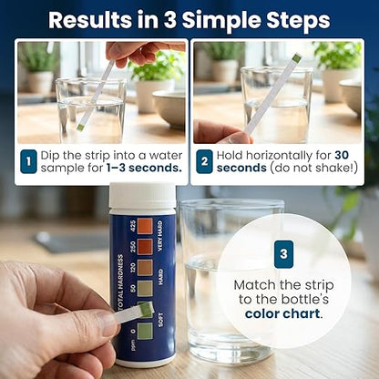 Water Hardness Test Strips – 150 Strips for Home, Well Water & Water Softeners – Instant Results in 30 Seconds – Tests Soft, Hard & Very Hard Water – Perfect for Kitchens, Showers & Appliances