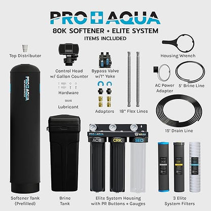 PRO+AQUA PRO-E-S80E Elite Whole House Water Filtration System & 80,000 Grain Water Softener Combo – High-Capacity Combo for Large Homes & Well Water Use