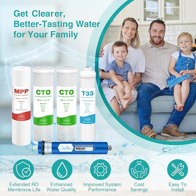 SimPure 50 GPD Revers Osmosis Water Filter Replacement Set, Compatible with APEC ESSENCE Series ROES-50, RO Filters Replacement for Most 10" Under-Sink Water Filter System Stage 1-5