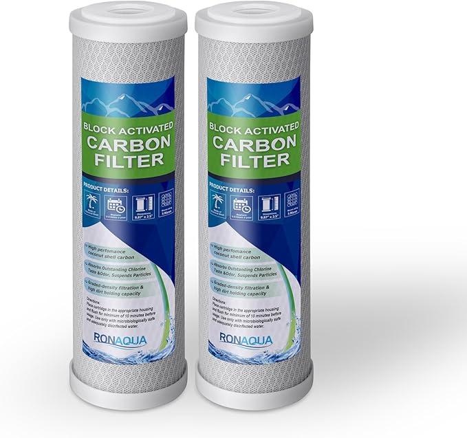Block Activated Carbon Coconut Shell Water Filter Cartridge 5 Micron for RO & Standard 10” Housing WELL-MATCHED with WFPFC8002, WFPFC9001, WHCF-WHWC, WHEF-WHWC, FXWTC, SCWH-5 (2 Pack)