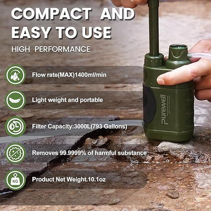 Purewell Water Hand Purifier Pump with Replaceable Carbon 0.01 Micron Water, Stages, Portable Outdoor Emergency and Survival Gear - Camping, Hiking, Backpacking(Green)