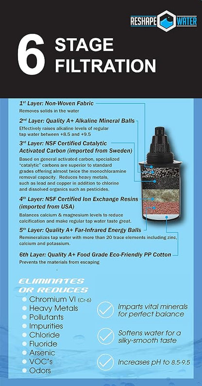 10- Cup Pitcher with 6-Stage Filter. Removes Fluoride, Chlorine, Lead, and Other Volatile Organic Compounds. Increases PH. Improves Taste. Replacement Filters Cost 25% to 33% Less.