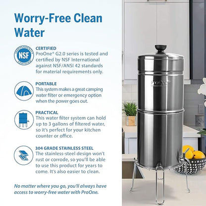 ProOne Big+ Gravity Water Filter System High Capacity Countertop Stainless Steel Water Filter Dispenser IAPMO Certified to Reduce Lead, Total PFAS, Microplastics, Chlorine Taste & Odor, 2 Pack Filter