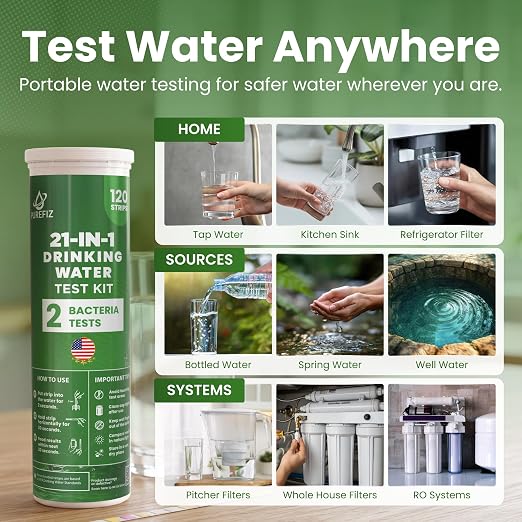 21-in-1 Drinking Water Test Kit – 120 Strips + 2 Bacteria Tests – Easy DIY Testing for Tap, Well & Spring Water – Tests Lead, Fluoride, Iron, Hardness, pH, Chlorine, Copper, Bacteria & More