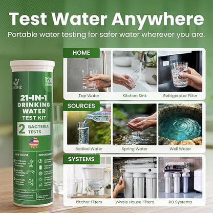 21-in-1 Drinking Water Test Kit – 120 Strips + 2 Bacteria Tests – Easy DIY Testing for Tap, Well & Spring Water – Tests Lead, Fluoride, Iron, Hardness, pH, Chlorine, Copper, Bacteria & More