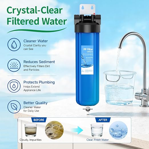 Whole House 20"x4.5" Blue PP Sediment Pre-Filter Housing with Drain Valve | Filters sediment, rust & dirt, pre-filter for city & well water, easy DIY install, includes 1 pack PP filter and 2 valves